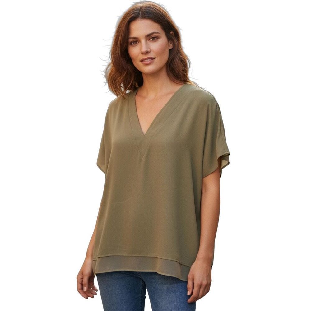DKNY V-Neck Chiffon Trim Top Sage Green Size Medium